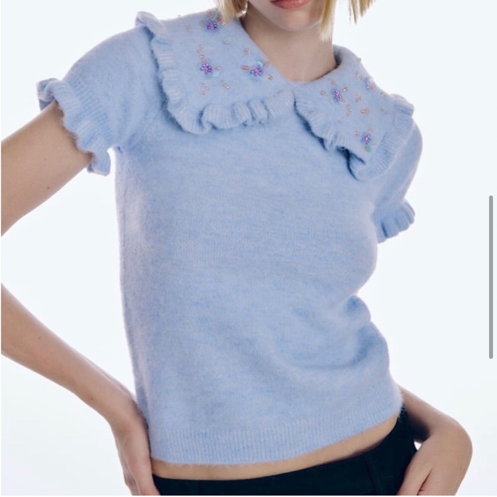 Zara Light Blue Ruffled Collar Top - Picture 9 of 11